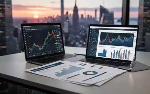 Ein Schreibtisch mit Laptop, der Finanzcharts anzeigt, und einem Halbjahresbericht, im Hintergrund eine nordamerikanische Stadt bei Sonnenaufgang. - Foto: über boerse-global.de