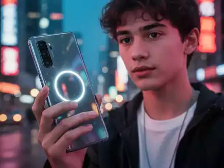 Ein modernes Smartphone mit vertikaler Kamera und Benachrichtigungsringlicht, gehalten von einer jungen Person in urbaner Umgebung. - Foto: über boerse-global.de