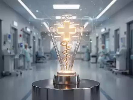 Eine stilisierte, leuchtende Preistrophäe mit medizinischem Motiv auf einem Podest vor einem unscharfen, modernen Krankenhausinterieur. - Foto: über boerse-global.de