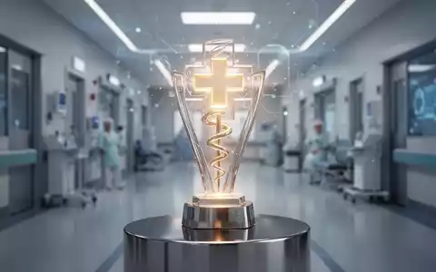 Eine stilisierte, leuchtende Preistrophäe mit medizinischem Motiv auf einem Podest vor einem unscharfen, modernen Krankenhausinterieur. - Foto: über boerse-global.de