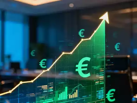 Ein stilisierter, aufsteigender Liniengraph mit einem Spitzenwert, überlagert mit abstrakten Euro-Symbolen und Finanzdaten. - Foto: über boerse-global.de