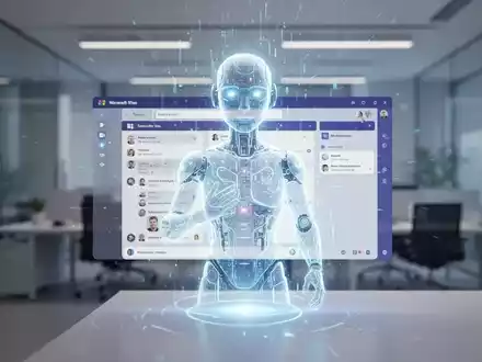 Ein futuristischer KI-Assistent als Hologramm über einem Microsoft Teams-Interface in einem modernen Büro. - Foto: über boerse-global.de