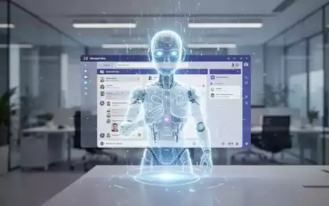 Ein futuristischer KI-Assistent als Hologramm über einem Microsoft Teams-Interface in einem modernen Büro. - Foto: über boerse-global.de