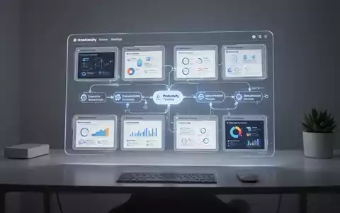 Digitale Oberfläche mit Produktivitätsvorlagen und Workflow-Automatisierungs-Knoten auf einem minimalistischen Schreibtisch mit sanfter Beleuchtung. - Foto: über boerse-global.de