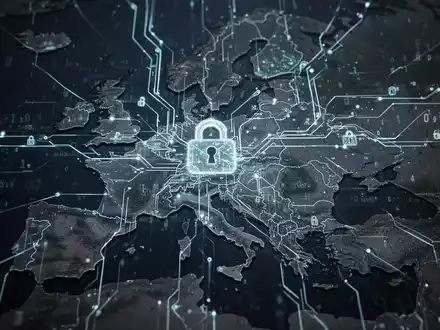 Digitale Karte Europas mit leuchtenden Linien und Schaltkreisen, die Cybersicherheit und KI-Integration symbolisieren. Binärcode fließt über das Bild. - Foto: über boerse-global.de