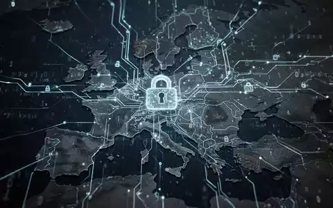 Digitale Karte Europas mit leuchtenden Linien und Schaltkreisen, die Cybersicherheit und KI-Integration symbolisieren. Binärcode fließt über das Bild. - Foto: über boerse-global.de