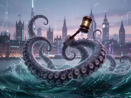 Ein stilisierter Kraken-Tentakel hält einen Richterhammer vor einer verschwommenen europäischen Stadtkulisse bei Sonnenaufgang. - Foto: über boerse-global.de