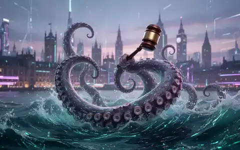 Ein stilisierter Kraken-Tentakel hält einen Richterhammer vor einer verschwommenen europäischen Stadtkulisse bei Sonnenaufgang. - Foto: über boerse-global.de