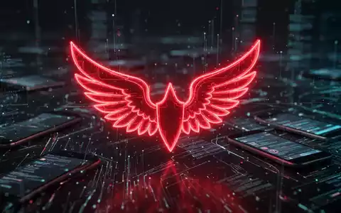 Ein stilisiertes, leuchtendes rotes Flügel-Symbol schwebt über einer abstrakten digitalen Landschaft mit Datenströmen und mobilen Geräten. - Foto: über boerse-global.de