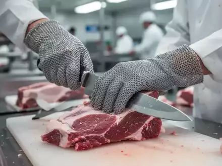 Nahaufnahme der Hände eines Arbeiters in einer Großküche mit Edelstahl-Ringgeflechthandschuh, der ein Messer hält, um Schnittverletzungen vorzubeugen. - Foto: über boerse-global.de