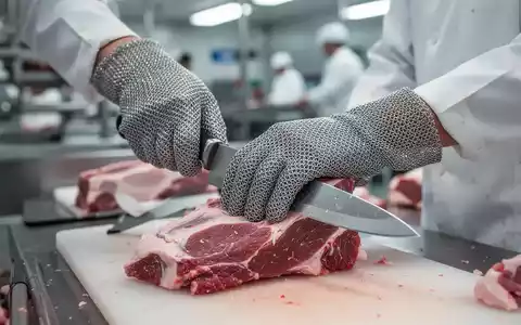 Nahaufnahme der Hände eines Arbeiters in einer Großküche mit Edelstahl-Ringgeflechthandschuh, der ein Messer hält, um Schnittverletzungen vorzubeugen. - Foto: über boerse-global.de