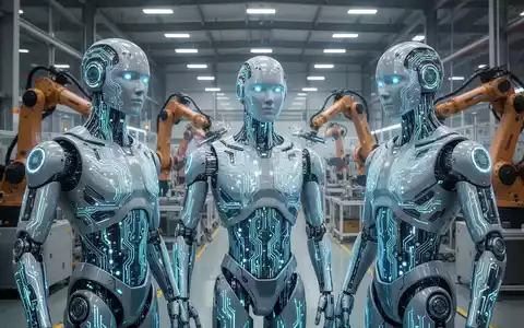 Mehrere fortschrittliche humanoide Roboter mit leuchtenden Komponenten stehen in einer Hightech-Fabrikhalle mit anderen Industrierobotern. - Foto: über boerse-global.de