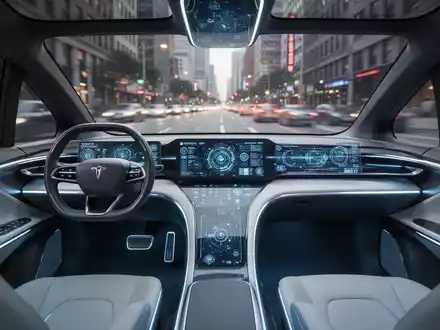 Innenraum eines futuristischen autonomen Fahrzeugs mit digitalem Display anstelle des Lenkrads und ohne Pedale. - Foto: über boerse-global.de