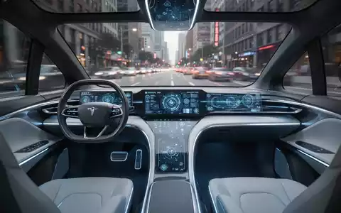Innenraum eines futuristischen autonomen Fahrzeugs mit digitalem Display anstelle des Lenkrads und ohne Pedale. - Foto: über boerse-global.de