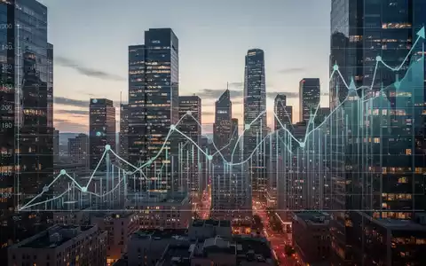 Moderne deutsche Stadtlandschaft bei Sonnenuntergang mit beleuchteten Gebäuden, symbolisiert Immobilienfinanzierung und Zinsentwicklung. - Foto: über boerse-global.de