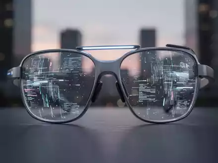 Nahaufnahme futuristischer Smart Glasses mit dezent leuchtender Linse, die digitale Datenströme vor urbanem Hintergrund reflektiert. - Foto: über boerse-global.de