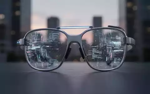 Nahaufnahme futuristischer Smart Glasses mit dezent leuchtender Linse, die digitale Datenströme vor urbanem Hintergrund reflektiert. - Foto: über boerse-global.de