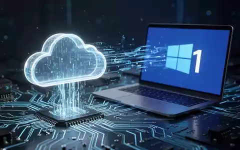Leuchtendes Cloud-Symbol auf Platine, Datenströme zu Laptop mit Windows-11-Logo, symbolisiert Cloud-Wiederherstellung. - Foto: über boerse-global.de