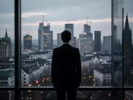 Eine Silhouette in einem Anzug blickt auf eine dunkle, unscharfe Frankfurter Skyline bei Sonnenuntergang, die wirtschaftliche Unsicherheit symbolisiert. - Foto: über boerse-global.de