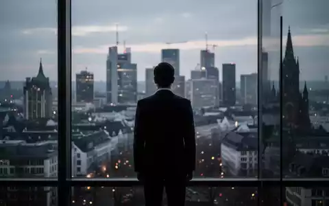 Eine Silhouette in einem Anzug blickt auf eine dunkle, unscharfe Frankfurter Skyline bei Sonnenuntergang, die wirtschaftliche Unsicherheit symbolisiert. - Foto: über boerse-global.de