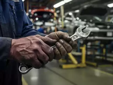 Nahaufnahme der Hände eines Arbeitnehmers, der ein Werkzeug hält, mit verschwommenem industriellen Hintergrund. Symbolisiert Sparmaßnahmen und Arbeitsplatzverluste. - Foto: über boerse-global.de
