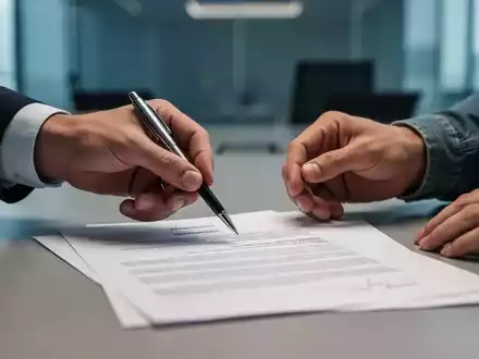Zwei Hände interagieren über einem Vertrag auf einem Tisch, eine Hand hält einen Stift, die andere zögert. Hintergrund ist ein Büro. - Foto: über boerse-global.de