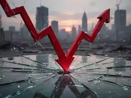 Ein roter Börsenpfeil zeigt steil nach unten durch zerbrochenes Glas, im Hintergrund eine verschwommene Stadtlandschaft bei Dämmerung. - Foto: über boerse-global.de