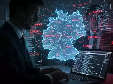 Eine dunkle Figur vor einer holografischen Deutschlandkarte mit digitalen Bedrohungen und Datenströmen. Ein Laptop zeigt Code. - Foto: über boerse-global.de