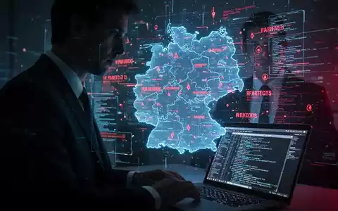 Eine dunkle Figur vor einer holografischen Deutschlandkarte mit digitalen Bedrohungen und Datenströmen. Ein Laptop zeigt Code. - Foto: über boerse-global.de