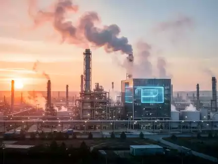 Eine Industrielandschaft bei Sonnenuntergang mit einer modernen Fabrik, die sauberen Dampf ausstößt, symbolisiert CO2-Reduktion und Energieeffizienz. - Foto: über boerse-global.de