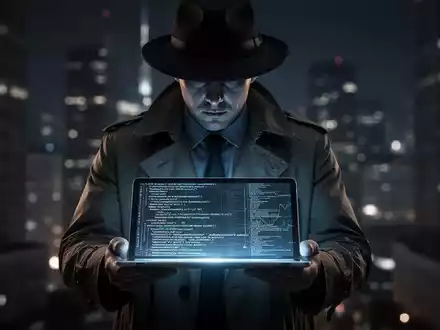 Eine verschwommene Figur im Trenchcoat hält ein leuchtendes Tablet mit Code und Finanzdaten vor einer dunklen Stadtlandschaft. - Foto: über boerse-global.de