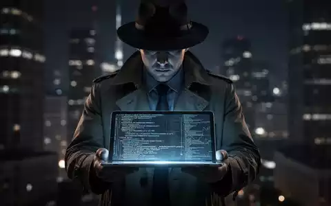 Eine verschwommene Figur im Trenchcoat hält ein leuchtendes Tablet mit Code und Finanzdaten vor einer dunklen Stadtlandschaft. - Foto: über boerse-global.de