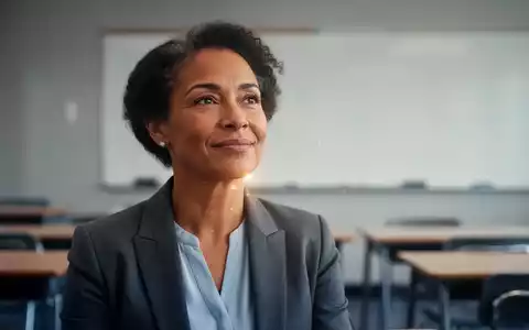 Eine nachdenkliche Lehrerin in einem ruhigen Klassenzimmer, das Wohlbefinden und Erholung symbolisiert. - Foto: über boerse-global.de