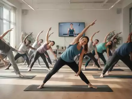 Eine Gruppe von Menschen führt sanfte Dehn- und Kernübungen in einem hellen Studio durch, im Hintergrund ein Fernsehbildschirm. - Foto: über boerse-global.de