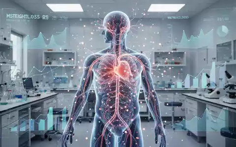Grafische Darstellung des menschlichen Stoffwechsels mit leuchtenden Bahnen und Datenpunkten, überlagert mit Diagrammen zu Gewichtsverlust und Gesundheit. - Foto: über boerse-global.de
