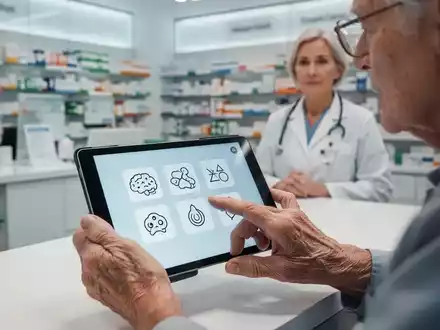 Ältere Hände tippen auf einem Tablet in einer Apotheke, das einen Gedächtnis-Check anzeigt. Eine Apothekerin beobachtet im Hintergrund. - Foto: über boerse-global.de
