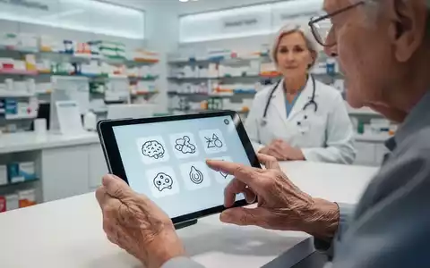 Ältere Hände tippen auf einem Tablet in einer Apotheke, das einen Gedächtnis-Check anzeigt. Eine Apothekerin beobachtet im Hintergrund. - Foto: über boerse-global.de