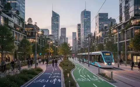 Eine futuristische Stadtlandschaft bei Sonnenuntergang, die nachhaltige Architektur, grüne Infrastruktur und umweltfreundliche Transportmittel zeigt. - Foto: über boerse-global.de