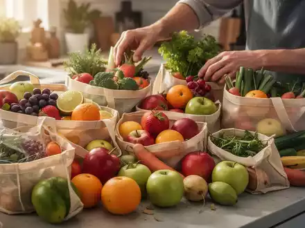 Hände sortieren frisches, unverpacktes Obst und Gemüse in wiederverwendbare Taschen auf einer Küchentheke, mit natürlichem Licht. - Foto: über boerse-global.de