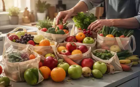 Hände sortieren frisches, unverpacktes Obst und Gemüse in wiederverwendbare Taschen auf einer Küchentheke, mit natürlichem Licht. - Foto: über boerse-global.de