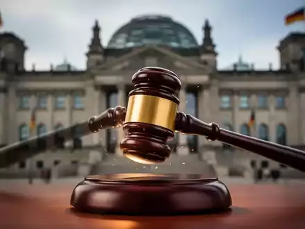 Ein Hammer schlägt auf einen Klangblock, im verschwommenen Hintergrund ist das Reichstagsgebäude zu sehen. Symbolisiert Gesetzgebung und Rechtsstreitigkeiten. - Foto: über boerse-global.de