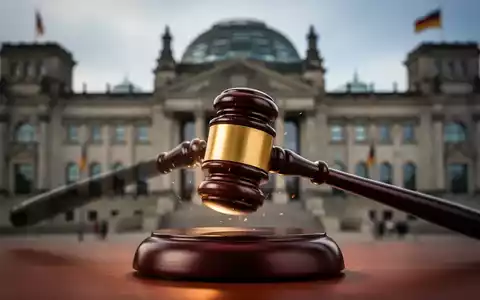 Ein Hammer schlägt auf einen Klangblock, im verschwommenen Hintergrund ist das Reichstagsgebäude zu sehen. Symbolisiert Gesetzgebung und Rechtsstreitigkeiten. - Foto: über boerse-global.de