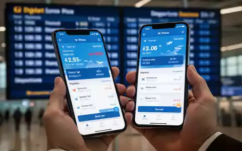 Eine Hand hält ein Smartphone mit einer Flugbuchungs-App, im Hintergrund eine verschwommene Anzeigetafel am Flughafen. - Foto: über boerse-global.de