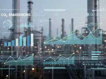 Eine digitale Benutzeroberfläche zeigt CO2-Emissionsdaten und Logistikrouten, überlagert ein verschwommenes Industriegebäude. - Foto: über boerse-global.de