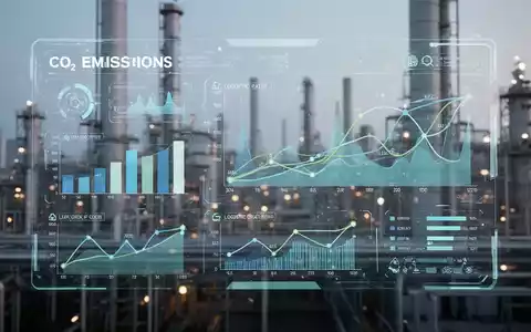 Eine digitale Benutzeroberfläche zeigt CO2-Emissionsdaten und Logistikrouten, überlagert ein verschwommenes Industriegebäude. - Foto: über boerse-global.de