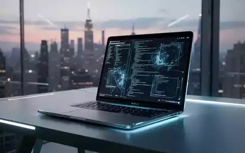 Ein leuchtendes Apple MacBook auf einem minimalistischen Schreibtisch, zeigt Code, mit verschwommener Stadtsilhouette im Hintergrund. - Foto: über boerse-global.de