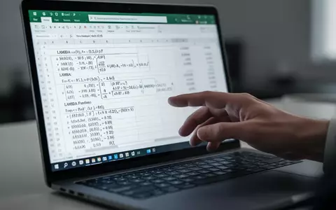 Eine Hand bedient ein Excel-Spreadsheet auf einem Laptop mit komplexen Formeln und der LAMBDA-Funktion, Symbol neuer Automatisierung. - Foto: über boerse-global.de