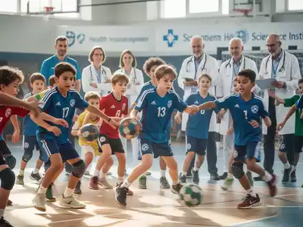 Junge Athleten spielen Handball in einem Camp, im Hintergrund beobachten Erwachsene. Symbolisiert die Zusammenarbeit in Sport und Gesundheitsförderung. - Foto: über boerse-global.de