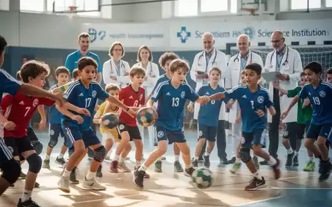 Junge Athleten spielen Handball in einem Camp, im Hintergrund beobachten Erwachsene. Symbolisiert die Zusammenarbeit in Sport und Gesundheitsförderung. - Foto: über boerse-global.de