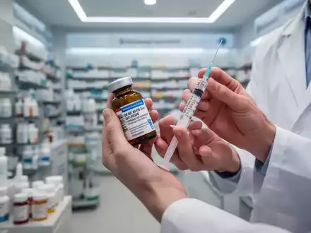 Hände eines Apothekers, die sorgfältig eine Medikamentenflasche und eine Spritze handhaben, im Hintergrund eine moderne Apotheke. - Foto: über boerse-global.de